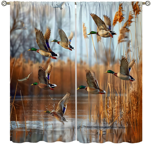 wlsgdsg Rustic Duck Curtains, Vintage Orange Forest Reeds Pond Hunting Mallard Animal Window Treatments Rod Pocket Drapes for Farmhouse Living Room Bedroom 42x45in（No Blackout）