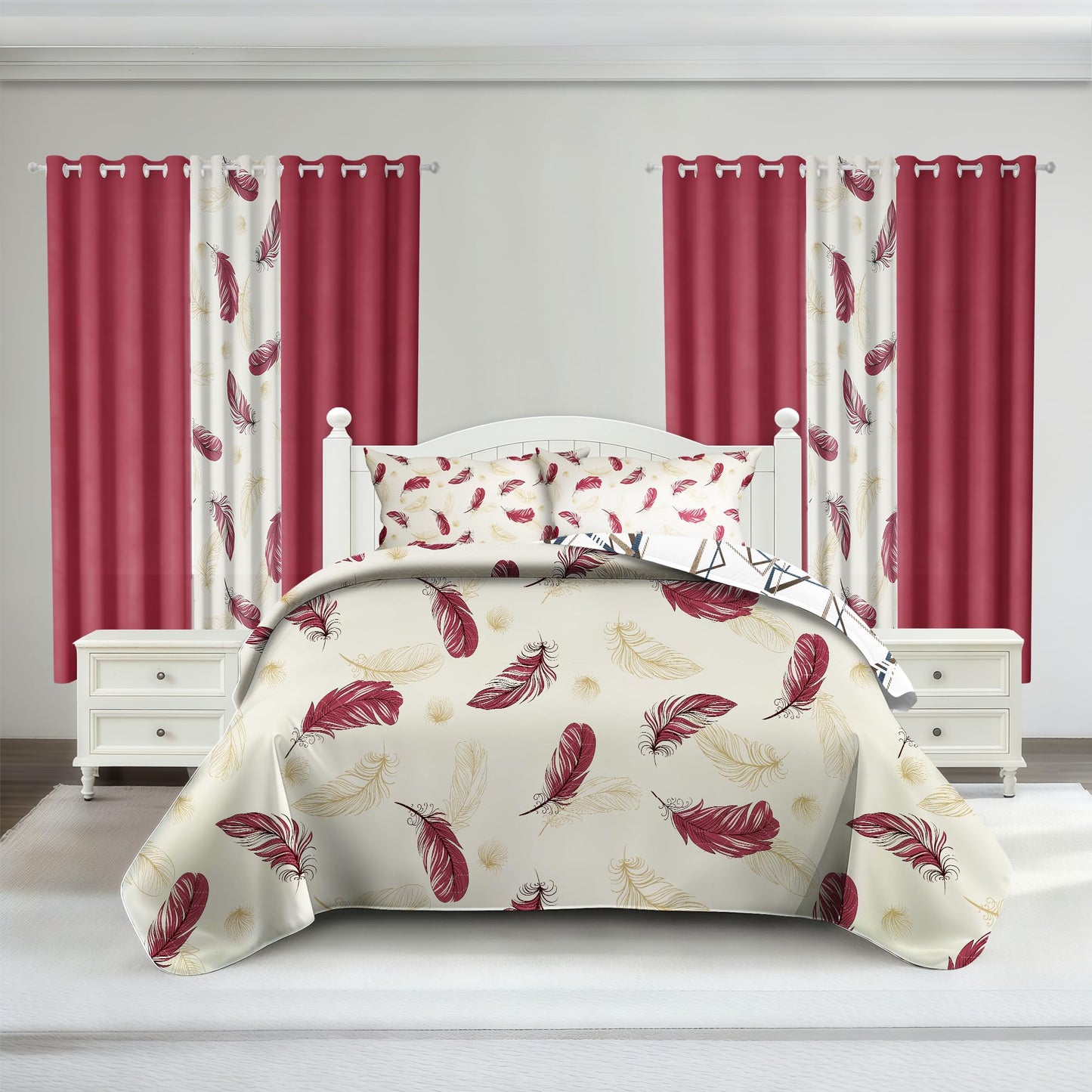 Deepsleep King Bedspread Set 9 Pieces, All Season Luxury Bed in a Bag for Bedroom, with 2 Pillowcases and 6 Curtains, Ultra-Soft Microfiber for Complete Bedroom Decor, Red and White Feather