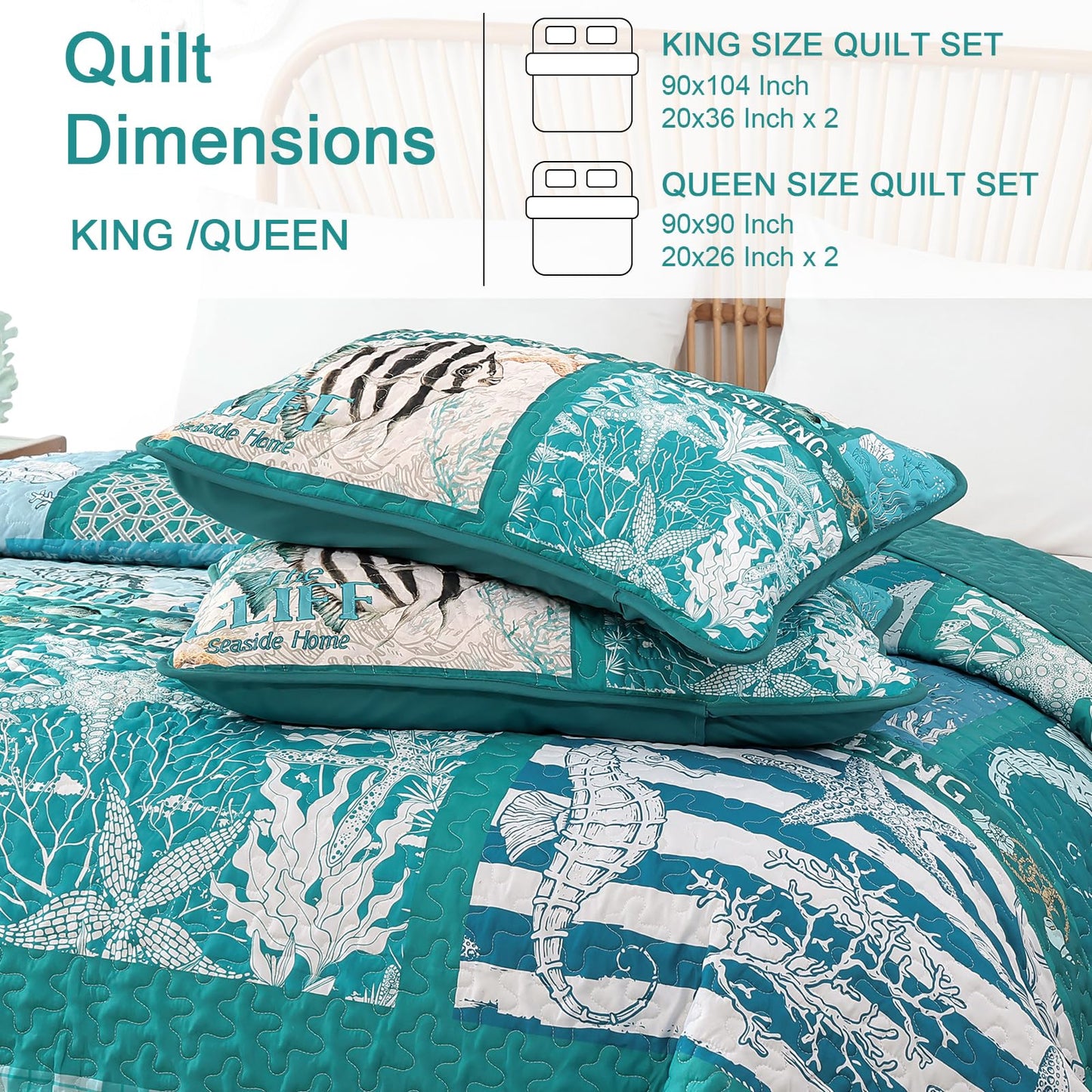 DJY Coastal King Size Quilt Set 3 Piece,Summer Beach Bedspread Coverlet Lightweight Green Ocean Theme Plaid Patchwork Bedding Set with Shams,Reversible Microfiber Comforter Set for All Seasons