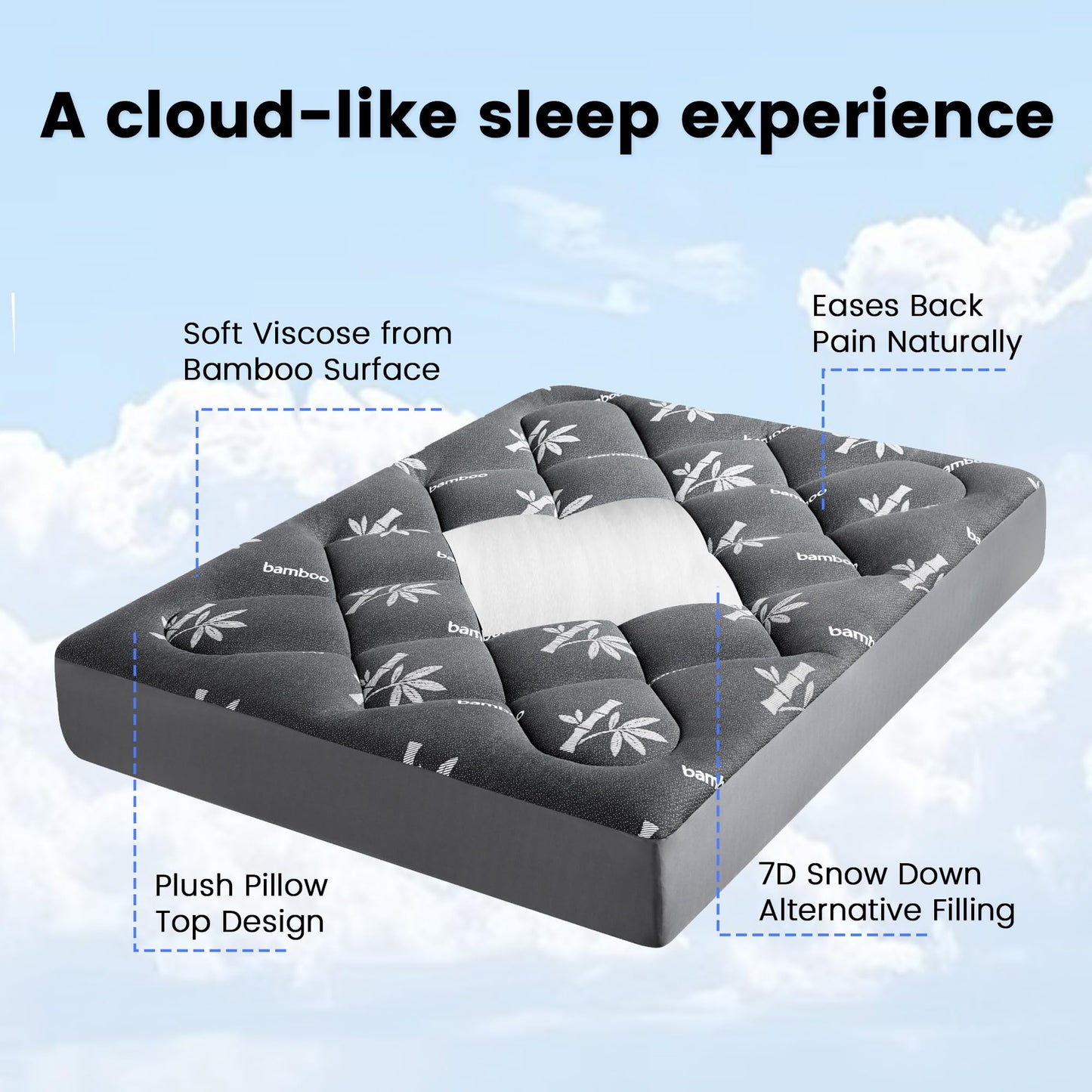 Mattress Topper Full Size - Viscose Made from Bamboo Pillow Top Mattress Pad with Deep Pockets - Soft Mattress Topper for Back Pain Relief(54"x75",Black)