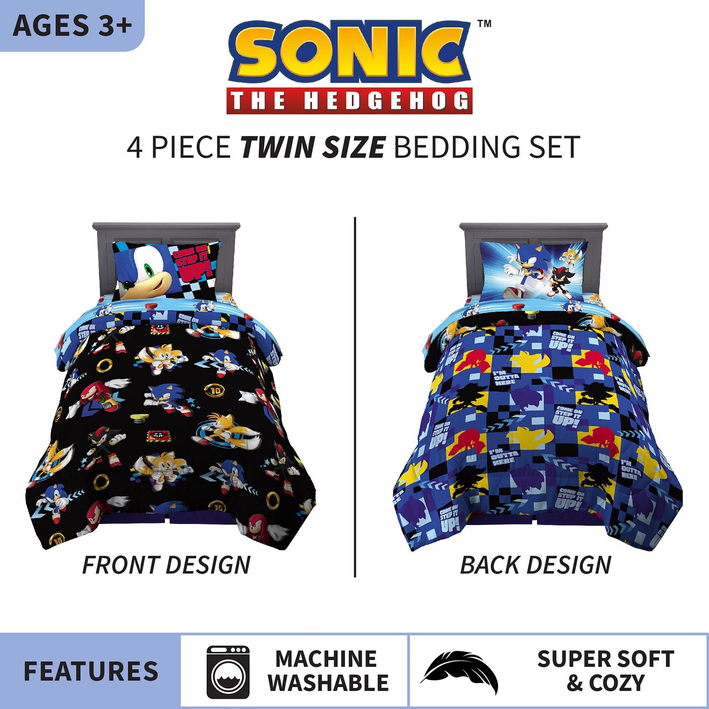 Sonic the Hedgehog Anime Kids Super Soft Comforter and Sheet Set, 4 Piece Twin Size by Franco