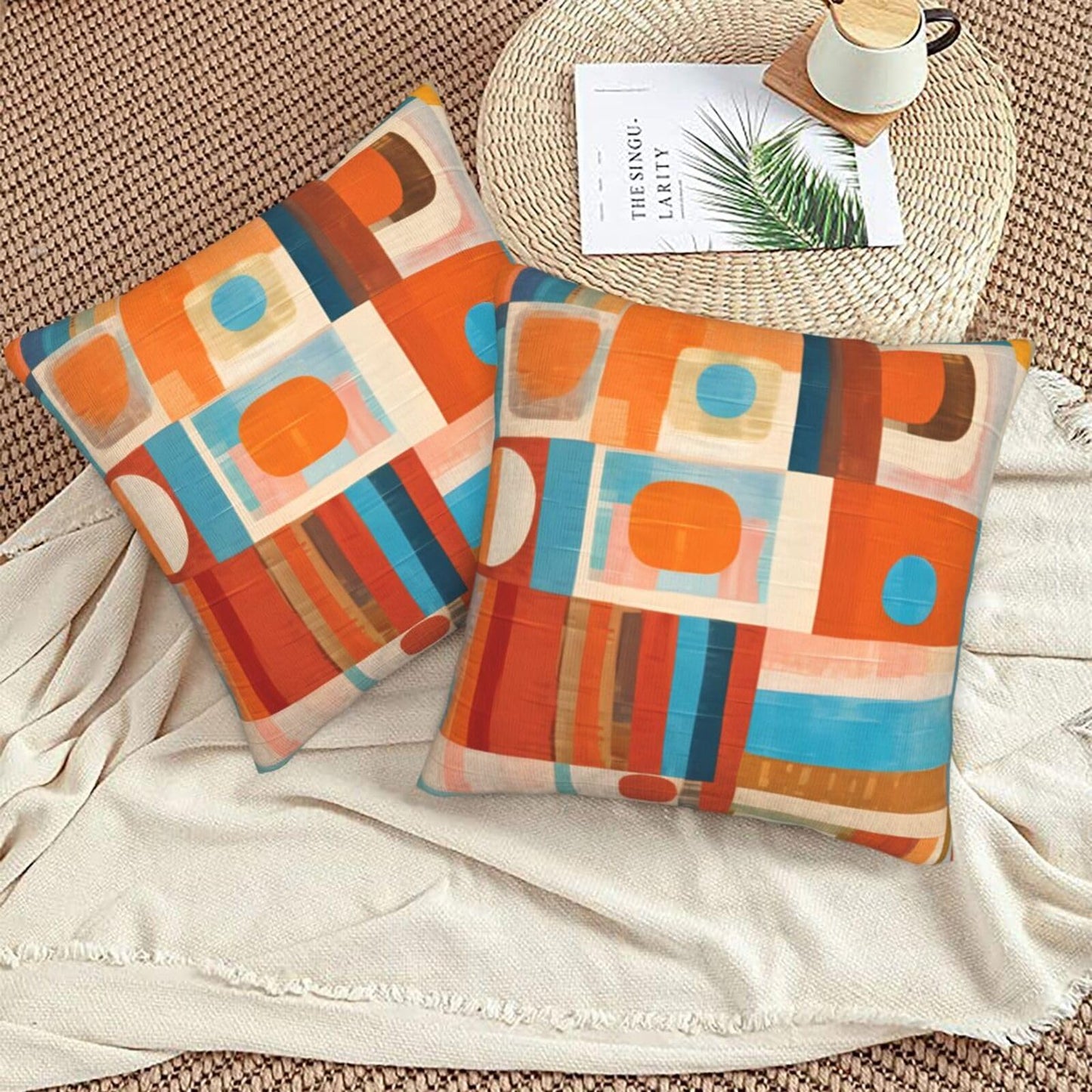 Yopiiefa Blue and White Blocks Throw Pillow Covers Orange Decorative Boho Mid Century Pillow Cases 18x18 Set of 2 Modern Pillowcase Outdoor Cushion Cover for Home Couch Sofa