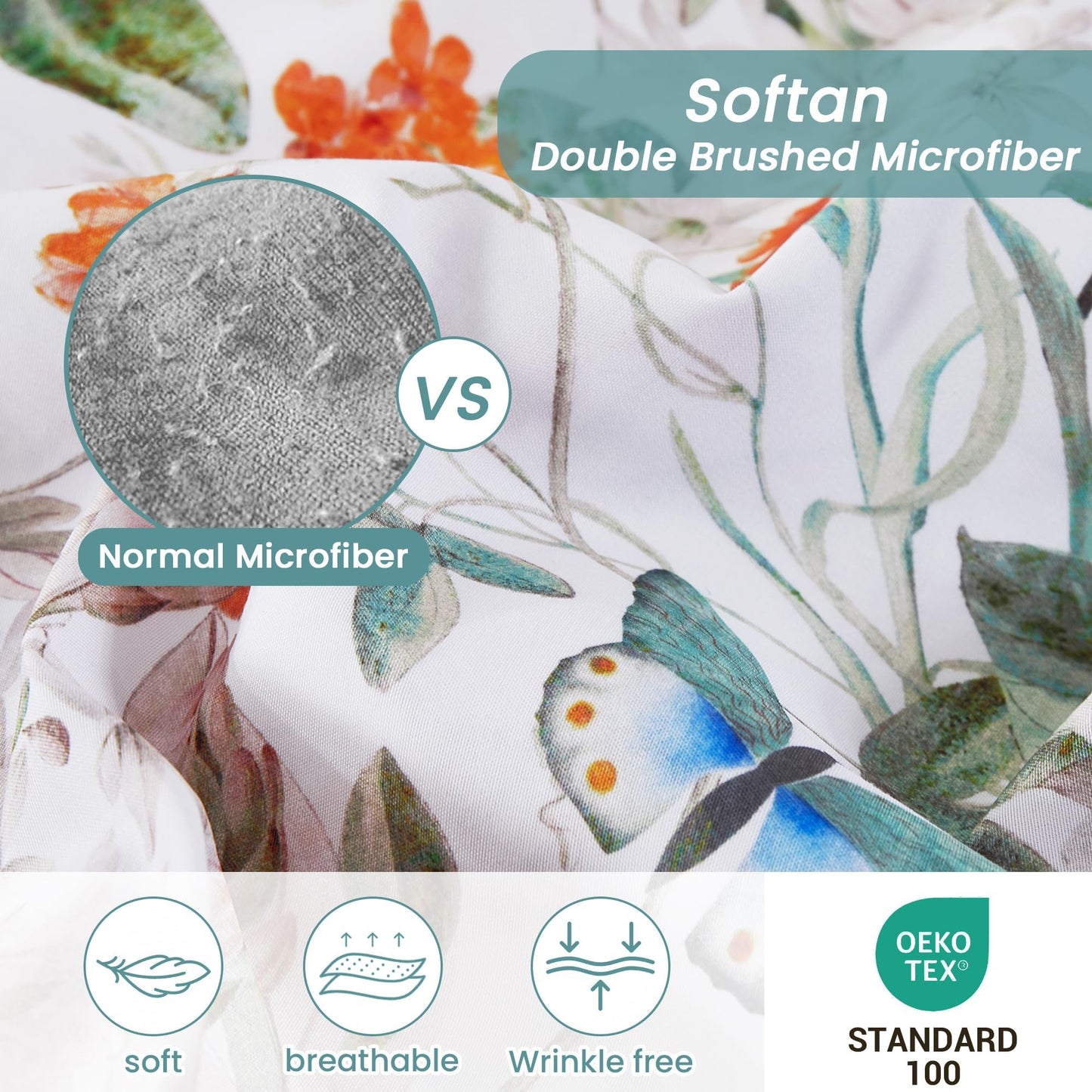 Softan Green Floral Full Sheet Set, Cozy Microfiber Butterfly Printed Fitted Bed Sheet with 15" Deep Pockets & Non-Slip Straps, Cute Girls Patterned Double Sheets & Pillowcase Set