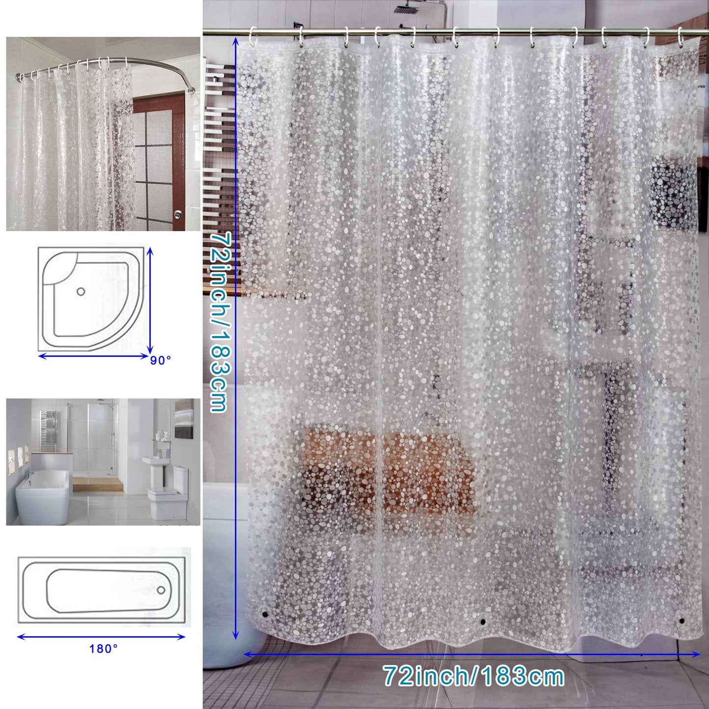 Bostofy Waterproof Shower Curtain Liner 8G EVA Thick Shower Curtain with Heavy Duty 3 Bottom Magnets, Shower Liner for Shower Stall, Bathtubs, 3D Pebble Pattern, 72 x 72,12 Hooks