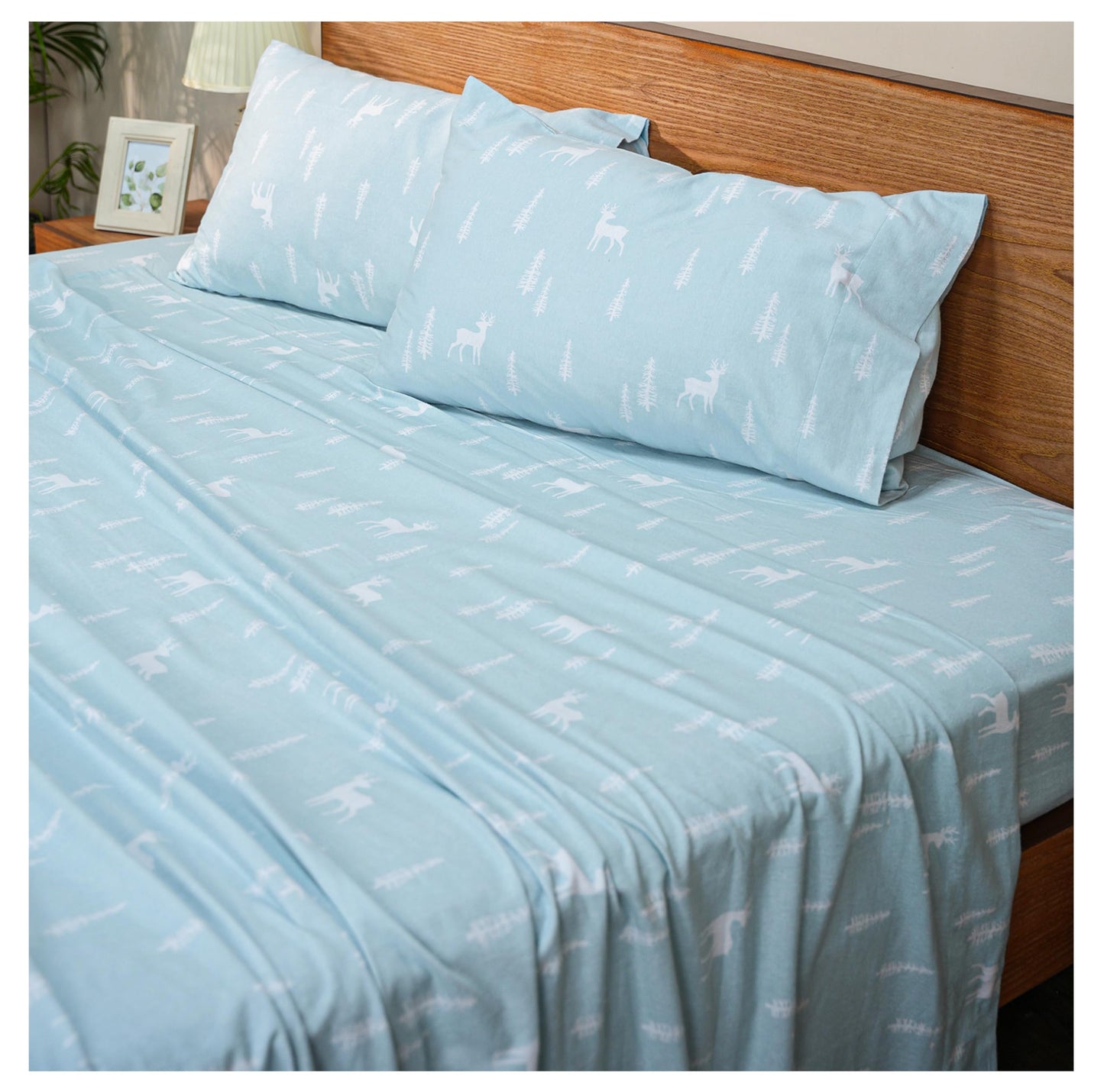 RUVANTI Flannel Sheets Queen Size - GOTS Certified 100% Organic Cotton, 4 Piece Warm, Soft & Breathable Set, Deep Pocket Snug Fit, Double Brushed Cozy All Season Bedding, Blue Pine