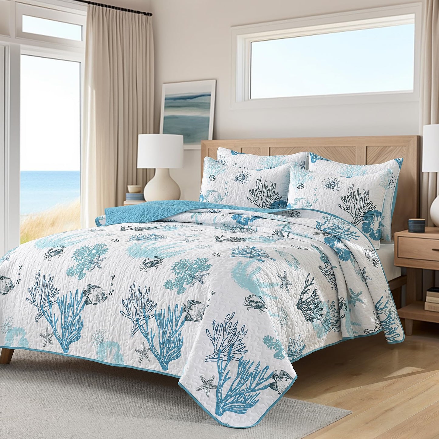 HORIMOTE HOME Coastal Quilt Bedding Set Queen Size, Reversible Blue Summer Beach Quilt Lightweight Ocean Nautical Comforter Tropical Bedspread Coverlet with 2 Pillow Shams for All Seasons (90"x96")