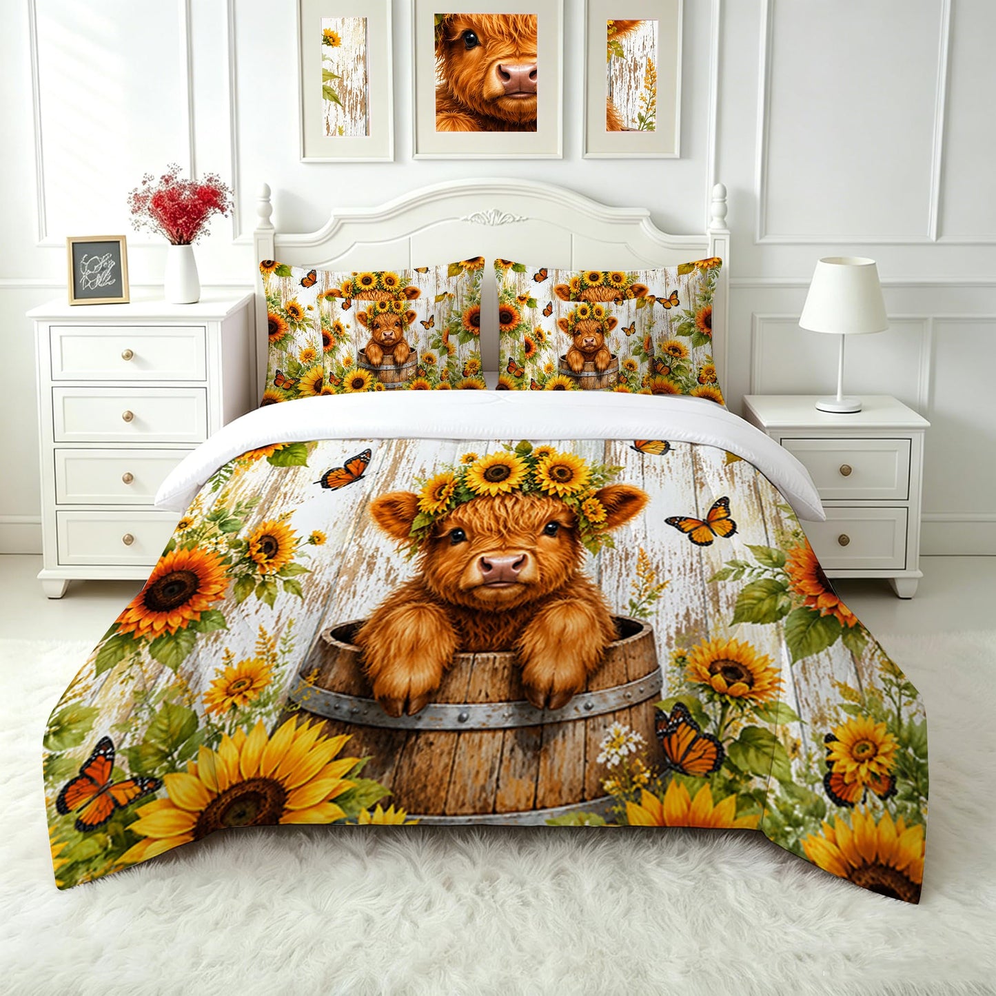 FUYEUN 7 Pcs Farmhouse Animal Bedding Comforter Set Queen Size, Kawaii Highland Calf in Barrel Print,Bed in a Bag with Flat Sheet & Pillowcases,Children Bedroom Decor