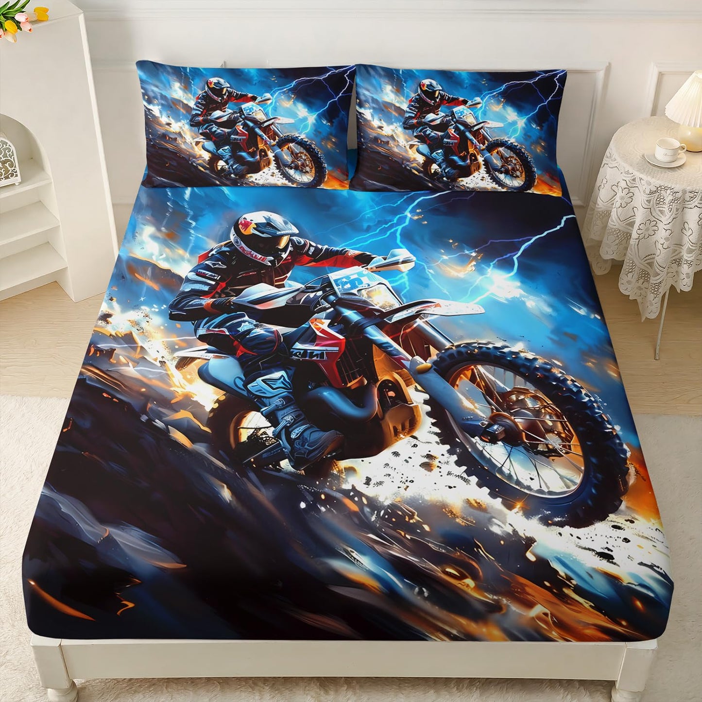 HOSIMA Dirt Bike Twin Bedding Sets for Boys Room Decor,Motocross Rider Print Fitted Sheet,Blue Lightning Pattern Motorbike Extreme Sport Bedding for Kids Teens,1 Fitted Sheet+2 Pillowcases.