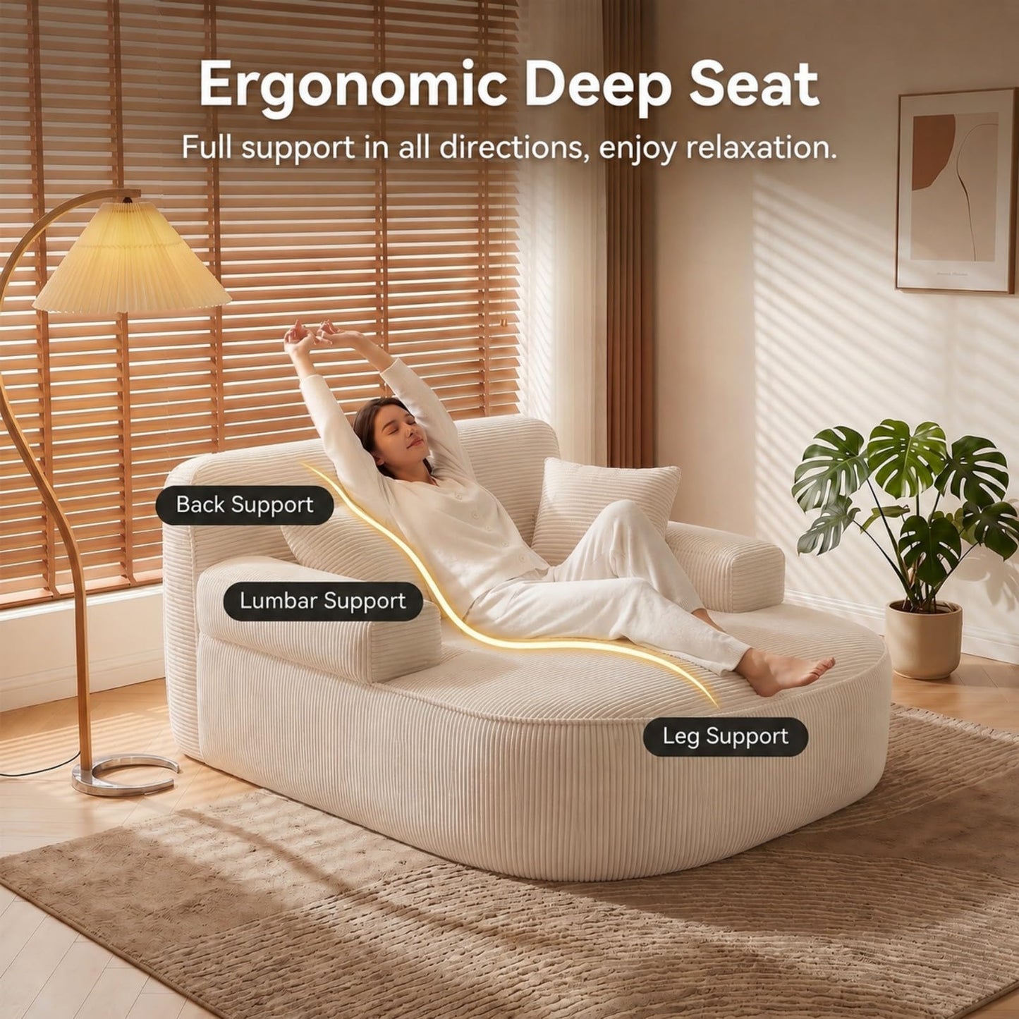 RJFFDDGZ Boneless Chaise Lounge Chair Indoor, Oversized Corduroy Foam Lounger with 3 Pillows, White