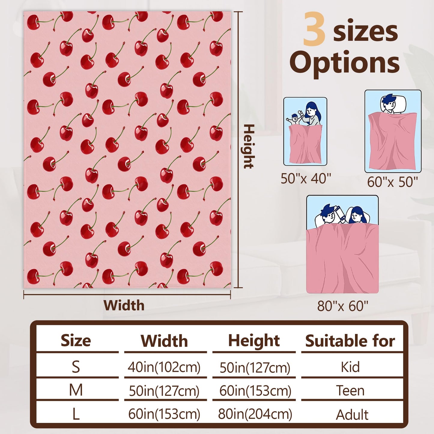Snowmolle Sweet Cherry Fall Throw Blanket,Pink Girls Cozy Plush Fluffy Blanket for Living Room Decor,Lightweight Fleece Throws for Couch,Bed,Traveling,Naps,Reading,50 X 60 Inch