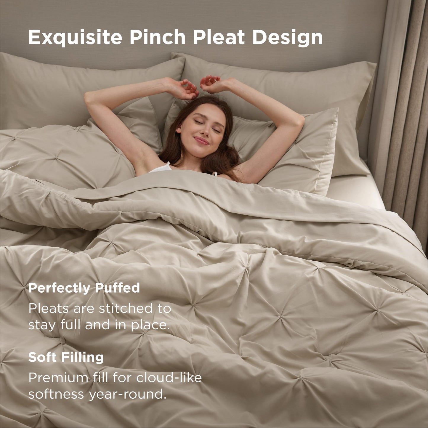 Bedsure Queen Comforter Set Beige - Bed in a Bag Queen Size Bedding 7 Pieces, GentleSoft™ Pintuck Bed Set Gift for Family, All Season Down Alternative Comforter with Sheets, Pillowcases & Shams