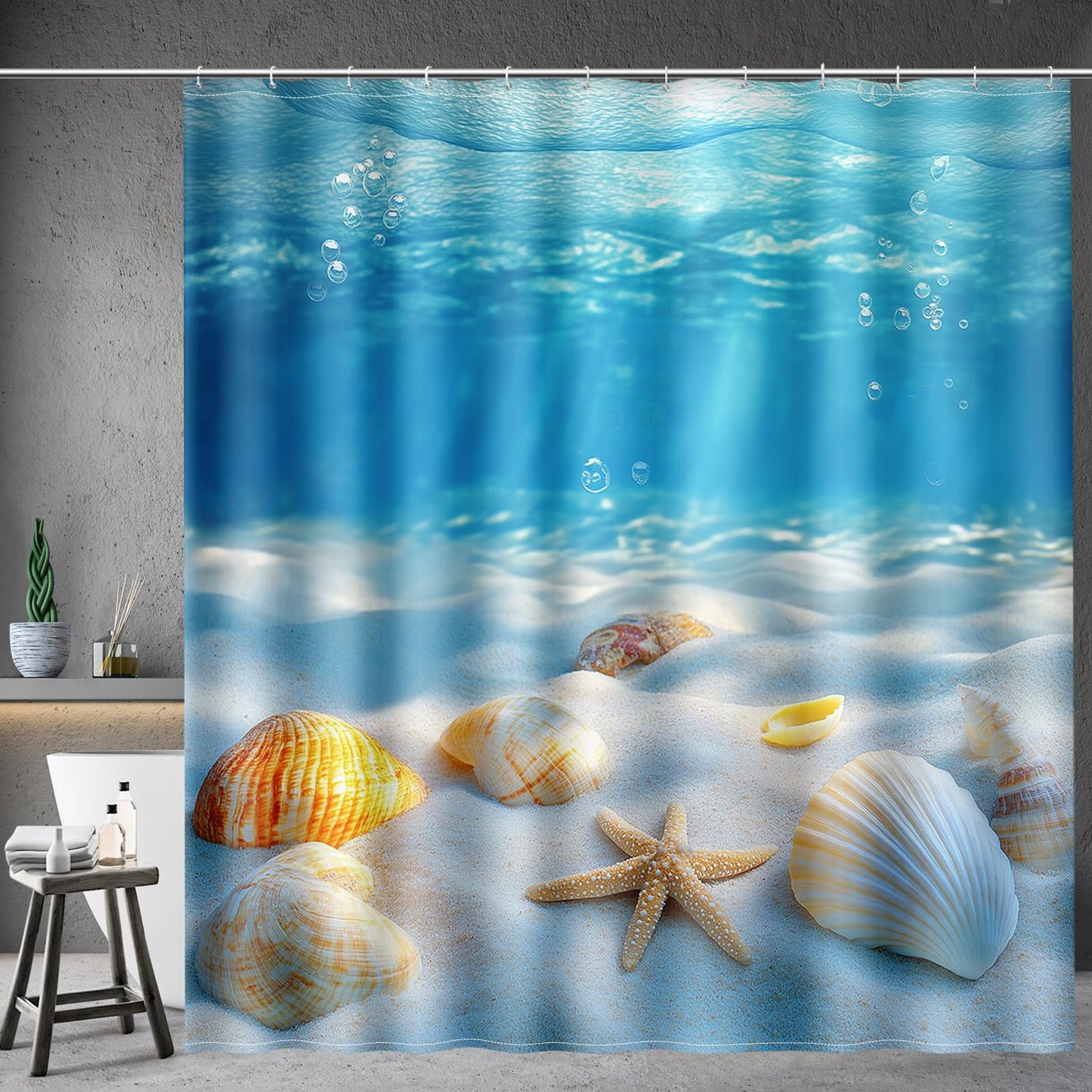 Aimego 3D Ocean World Shower Curtain Seashells Starfish Underwater Tropical Sea Life Nautical Coastal Summer Nature Aesthetics Bathroom Decor Fabric Shower Curtain Set with 12 Hooks, 72"x72"