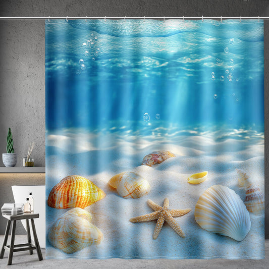 Aimego 3D Ocean World Shower Curtain Seashells Starfish Underwater Tropical Sea Life Nautical Coastal Summer Nature Aesthetics Bathroom Decor Fabric Shower Curtain Set with 12 Hooks, 72"x72"