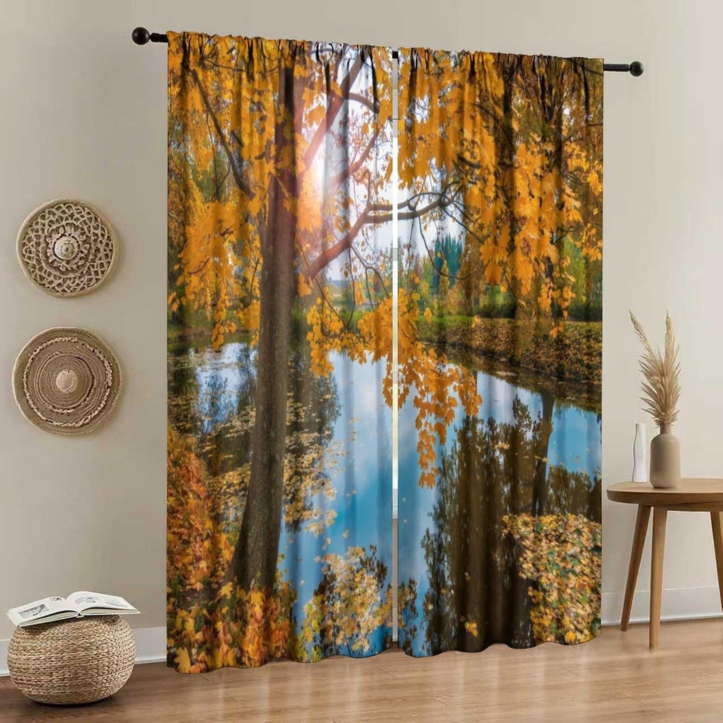 Tificats Autumn Maple Lake Curtains, Golden Yellow Fall Leaves Reflection Pond Landscape Printed Blackout Window Drapes for Bedroom Living Room Kitchen21 W x 45" L (Pack of 2)