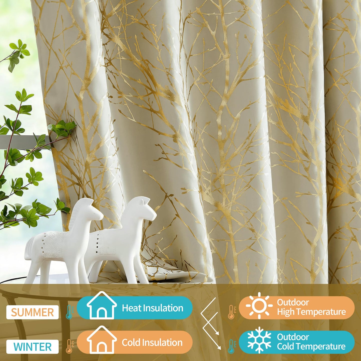 FMFUNCTEX 100% Blackout Curtains Ivory Gold Tree for Living Room, Curtains 84 Inches Long Foil Branch Patterned Panels for Bedroom, Thermal Insulated Drapes Home Office Grommet Top 2 Panels