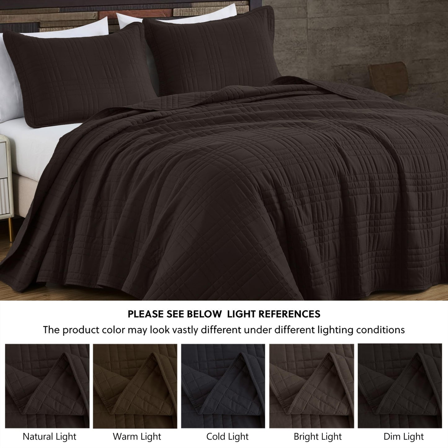 Chezmoi Collection Kingston Queen Size Bedspread Set, 3-Piece Brown Oversized Quilted Microfiber Lightweight Bedspread Coverlet (100"x106") for All Seasons