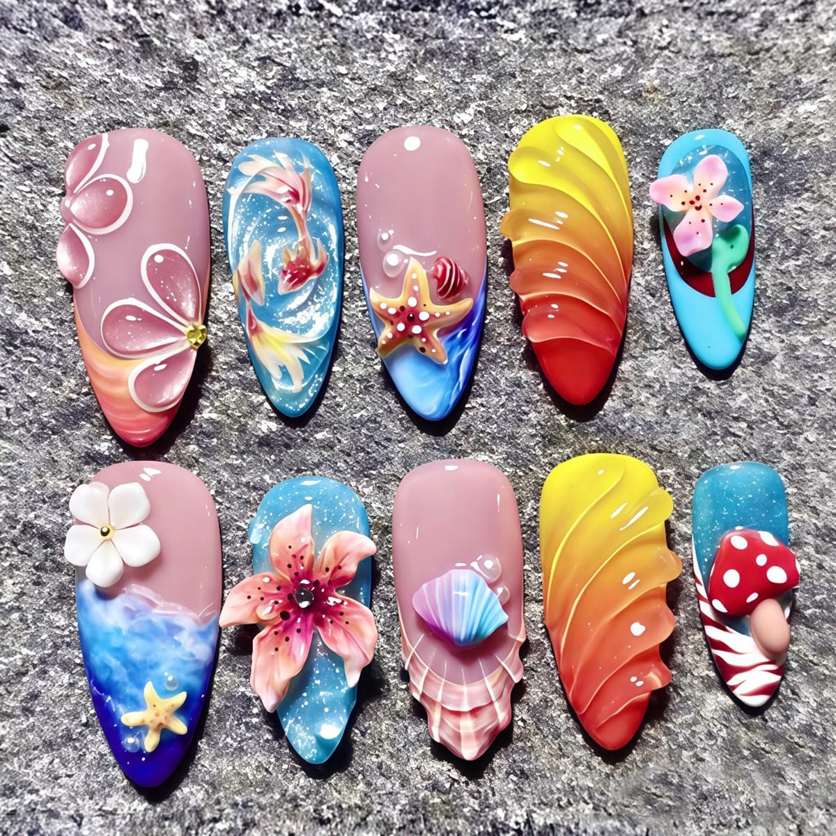 24Pcs Beach Press on Nails Medium Almond French Tip Fake Nails with 3D Shell Starfish Koi Flower Mushroom Designs Full Cover Glitter Stick on Nails Summer False Nails for Women Acrylic Manicure DIY