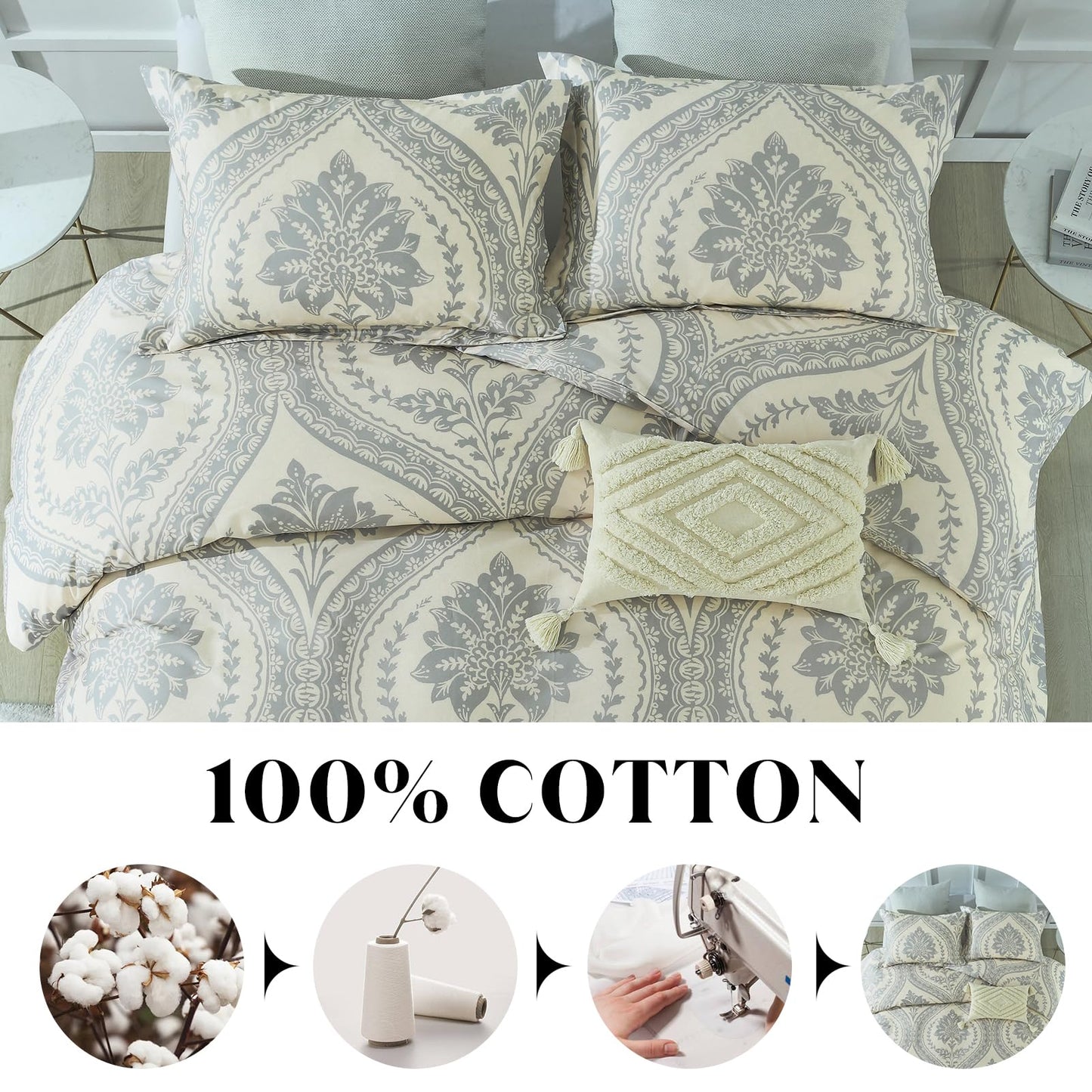 CozyDH Cotton Duvet Cover King - 100% Cotton 400 Thread Count Beige Duvet Cover Set King Size, Soft and Breathable Floral Damask Paisley King Bedding Set for All Season (King, 104"x90", NO Comforter)