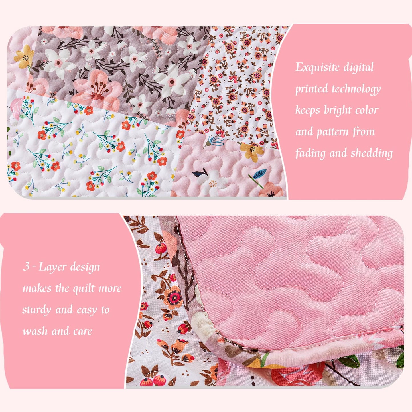 Whale Flotilla Patchwork Quilt King Size, Extra Soft Boho Floral Bedspreads for Bed Reversible Lightweight King Quilt Bedding Set Printed Coverlets with 2 Pillow Shams for All Seasons, Pink