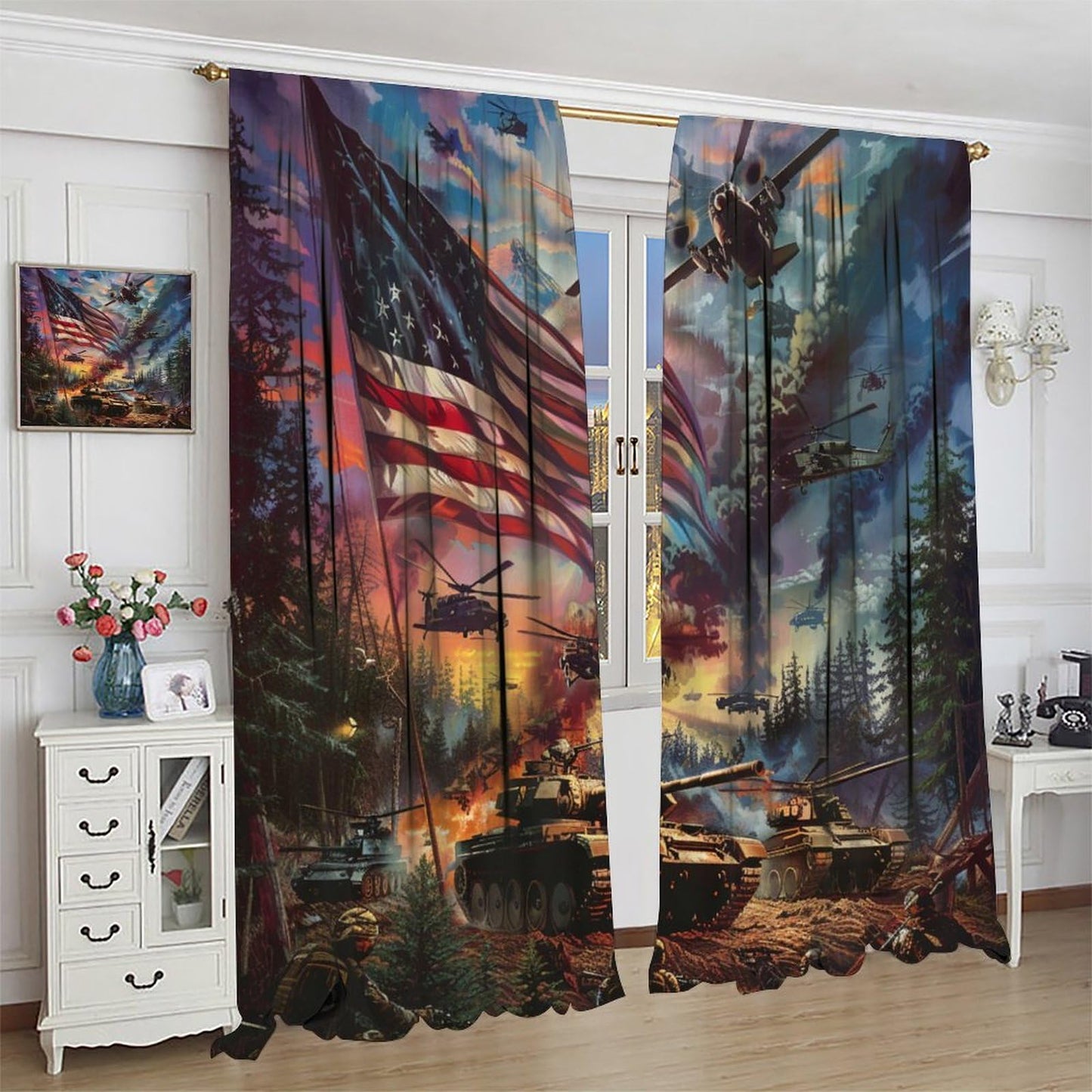 TOWINSFB Military War Theme Blackout Curtains, USA Tank Plane American Soldier Home Decor Rod Pocket Window Drapes for Living Room Bedroom - 42" W x 45" L