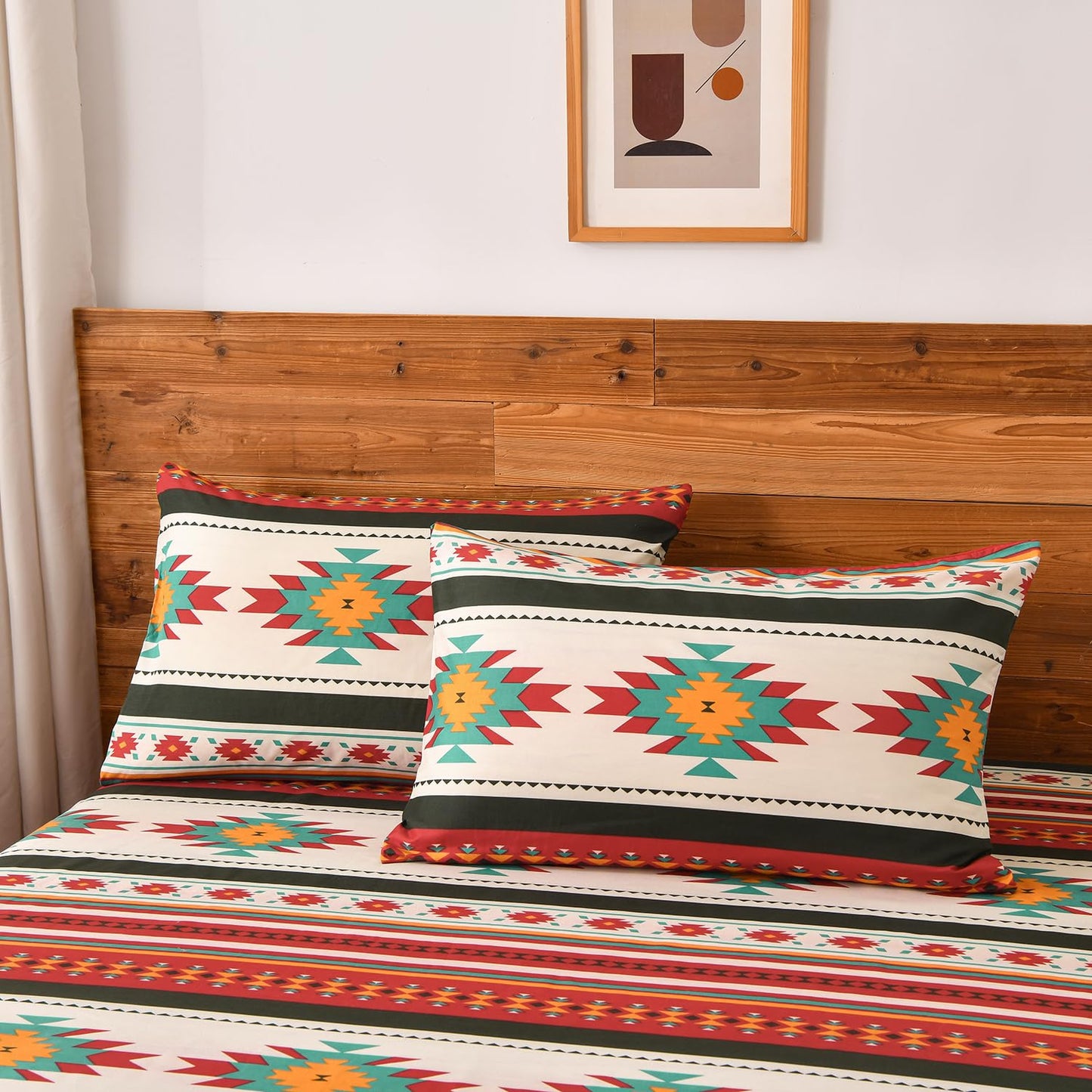 Chezmoi Collection Prescott 3-Piece Southwestern Microfiber Sheet Set, Printed Geometric Tribal Multicolor Cream Red Teal Orange Bed Sheets, Twin XL Size