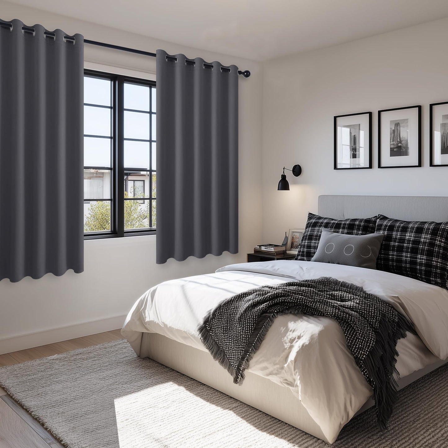Hiasan Blackout Curtains for Bedroom, 60 x 63 Inches Length - Thermal Insulated & Light Blocking Window Curtains for Living Room, 2 Drape Panels Sewn with Tiebacks, Dark Grey