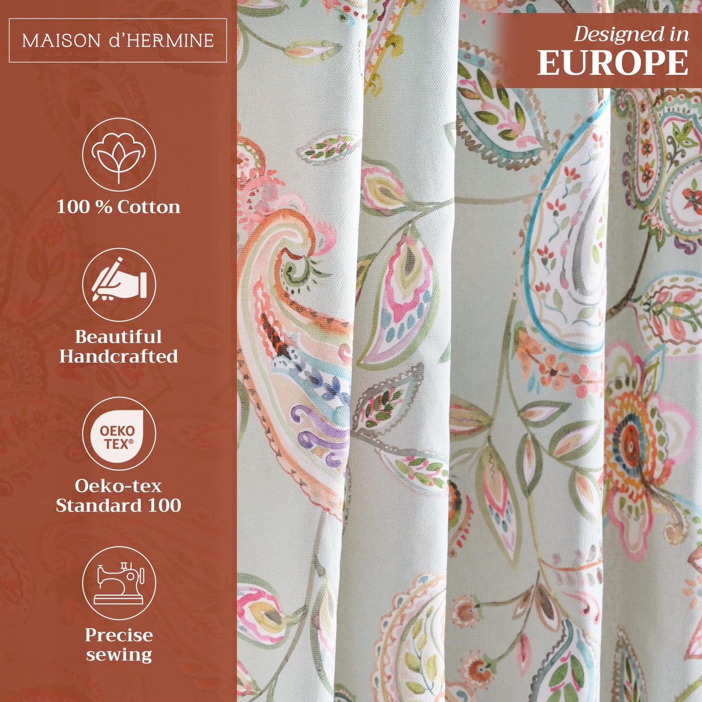 Maison d' Hermine Curtains for Living Room 100% Cotton 96 inch Length One Panel Light Filtering Curtains for Windows with Rod and Loop Pockets Spring Summer (Ramage - Multi, 50" W x 96" L)