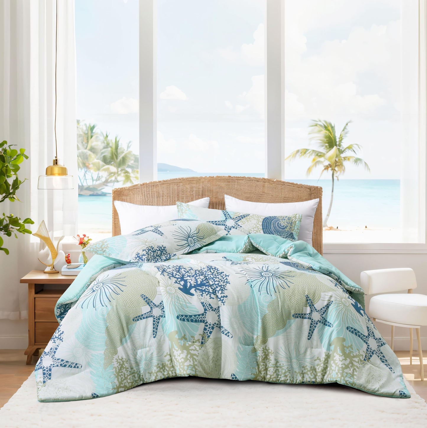 Tritard Coastal Comforter Set King Size 3 Piece, Soft Beach Themed Comforter, Ocean Nautical Lightweight Bedding Sets for All Seasons, (1 Reversible Comforter and 2 Pillow Shams), 104''x90'', C6