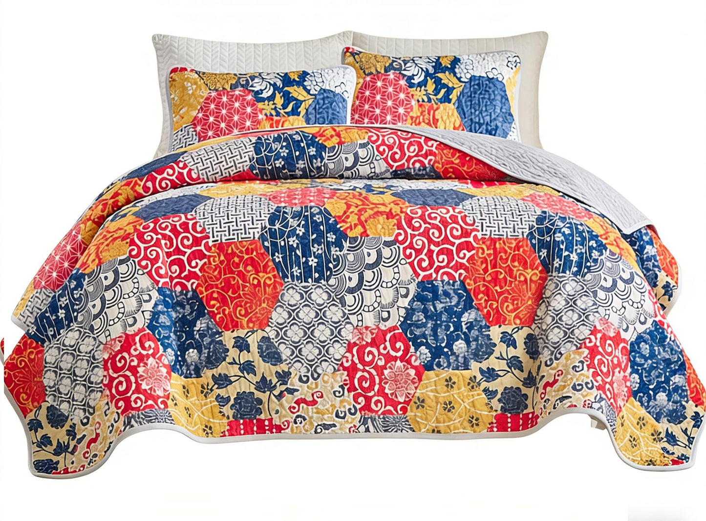 Andreannie Boho Quilt Set King Size, Reversible Floral Geometric Honeycomb Pattern Bedspread, Soft Lightweight Microfiber Bedding Coverlet, All Season Bohemian Quilt with 2 Pillow Shams, 3 Pieces