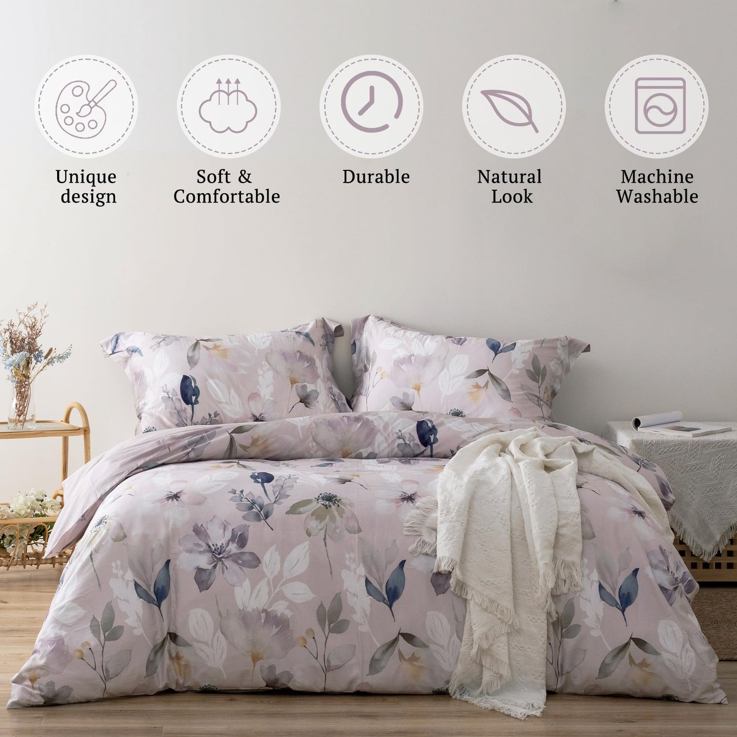 MILDLY 100% Long-Staple Cotton Duvet Cover Set Light Gray Pink Floral Leaf Pattern Printed Comforter Cover 3pcs, Ultra Soft & Breathable Bedding Set