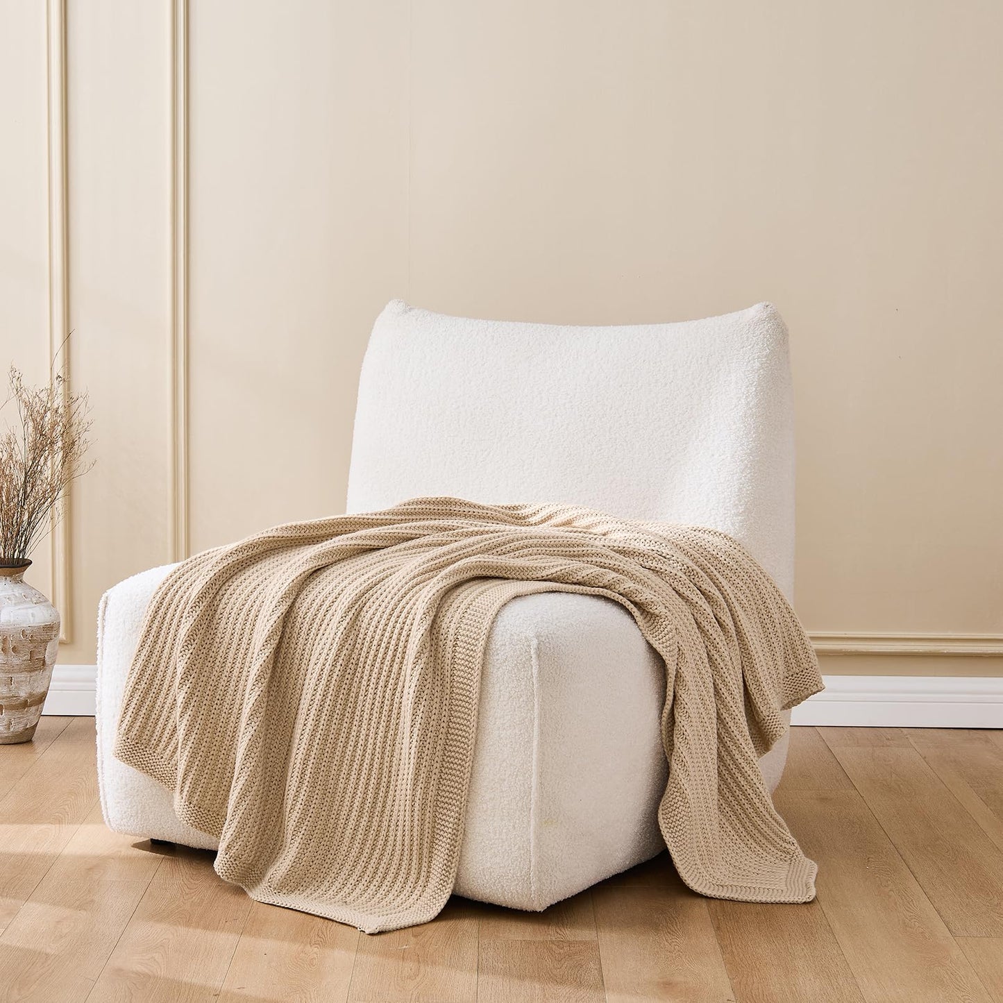 Chunky Knit Beige Throw Blanket for Couch Soft Cozy Thick Cable Knitted Throw for Sofa Bed Cute Decorative Blanket for Living Room,50"x 60",Ginger Beige