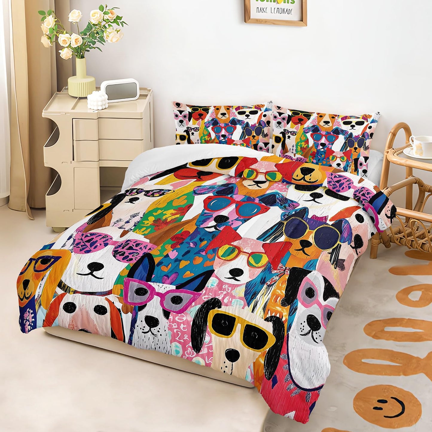 AILONEN Cute Dogs Comforter Set Full Size,Funny Cartoon Puppy Bedding Sets for Kids,Pet Animals Theme Comforter with 2 Pillowcase,Soft Microfiber
