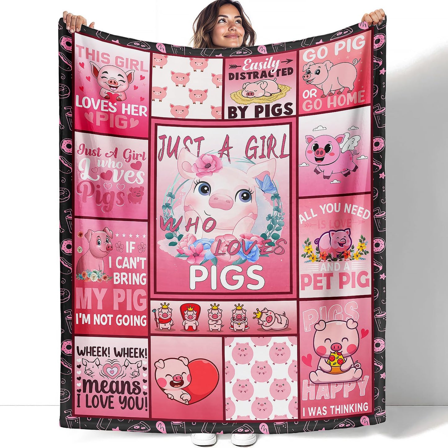 XSMEI Pig Throw Blanket, Cute Piggy Quotes Pattern, Soft Cozy Fleece Blanket for Couch Bed, 60 x 80 Inches