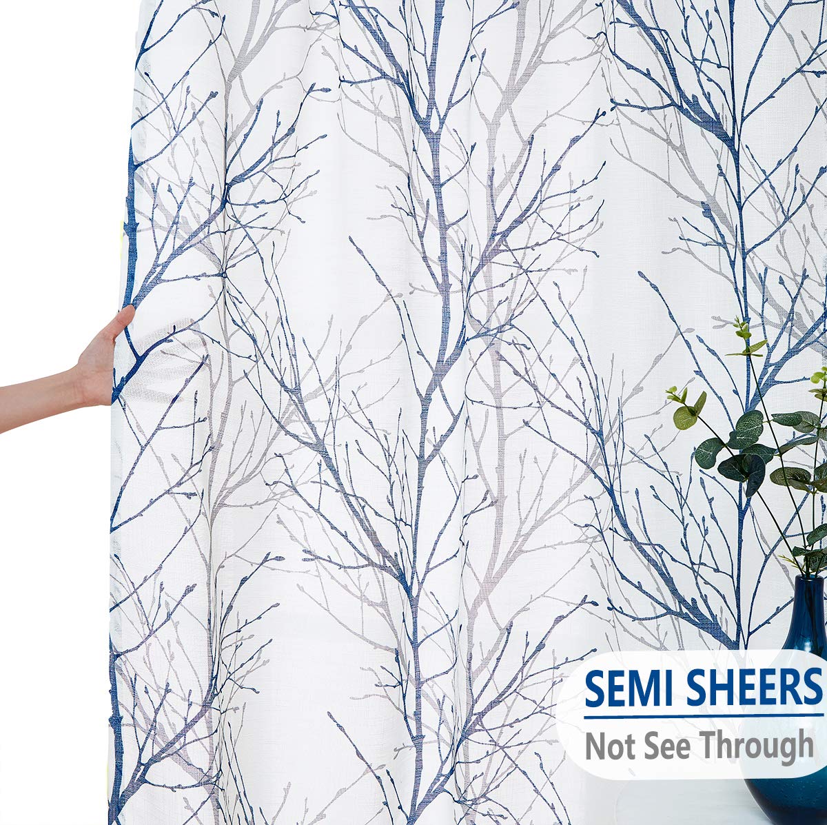 FMFUNCTEX Blue White Curtains 50" X 45" for Kitchen Living Room Tree Branch Print Wrinkle- Free Small Linen Texture Semi Sheer Window Panels for Bedroom 2 Panels, Grommet Top