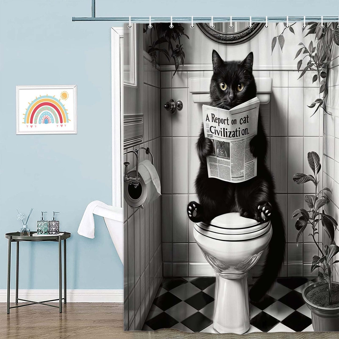 JAWO Funny Cat Shower Curtain, Humorous Black Cat Animal Sitting on Toilet Reading Newspaper Fun Shower Curtains Set, Black White Retro Waterproof Fabric Bathroom Decor Bath Curtain, 72x72 Inch