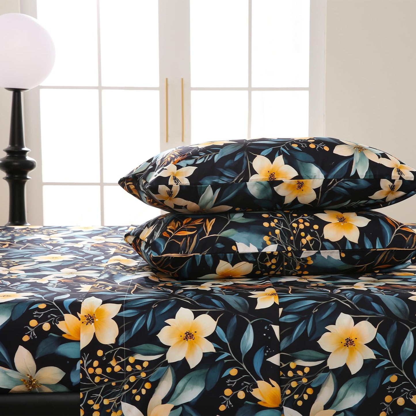 CozySmile 4 Pieces King Sheet Set Floral, Boho Sheets Soft Microfiber Deep Pocket, Floral Sheets (King, Tranquil Night Lily)
