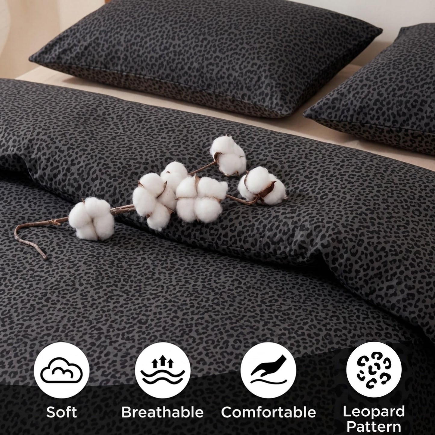 Cozaline 100% Cotton Duvet Cover Queen Size, Black Leopard Print Bedding Set with Zipper Closure, African Wildlife Animal Skin Cheetah Print Comforter Cover with 2 Pillowcases for All Seasons