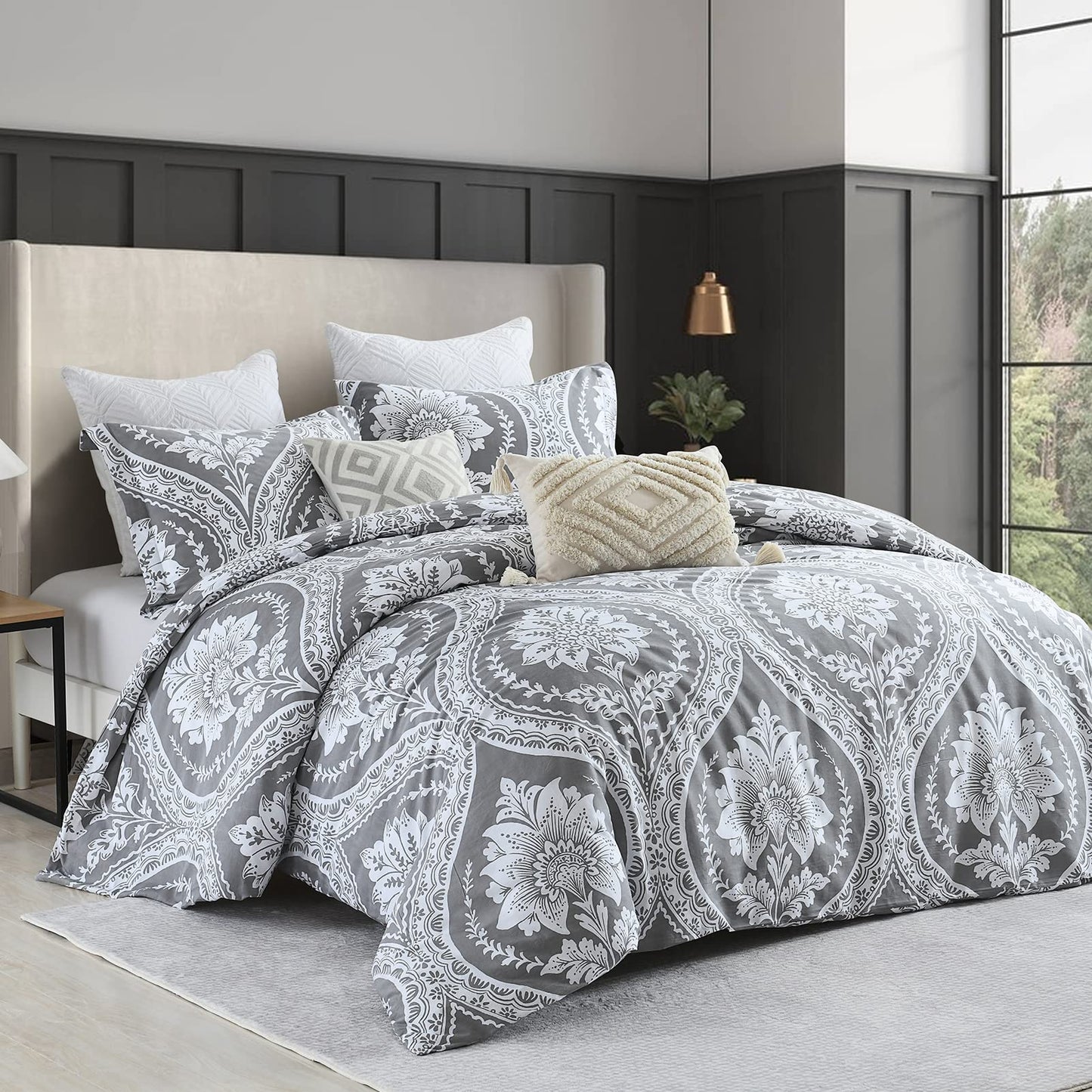 CozyDH Cotton King Size Duvet Cover Paisley Print, Reversible Damask Medallion Percale Duvet Cover Set 3pcs Bed Cotton Quilt Cover, Cotton Soft Breathable Bedding (King, Grey White Floral)