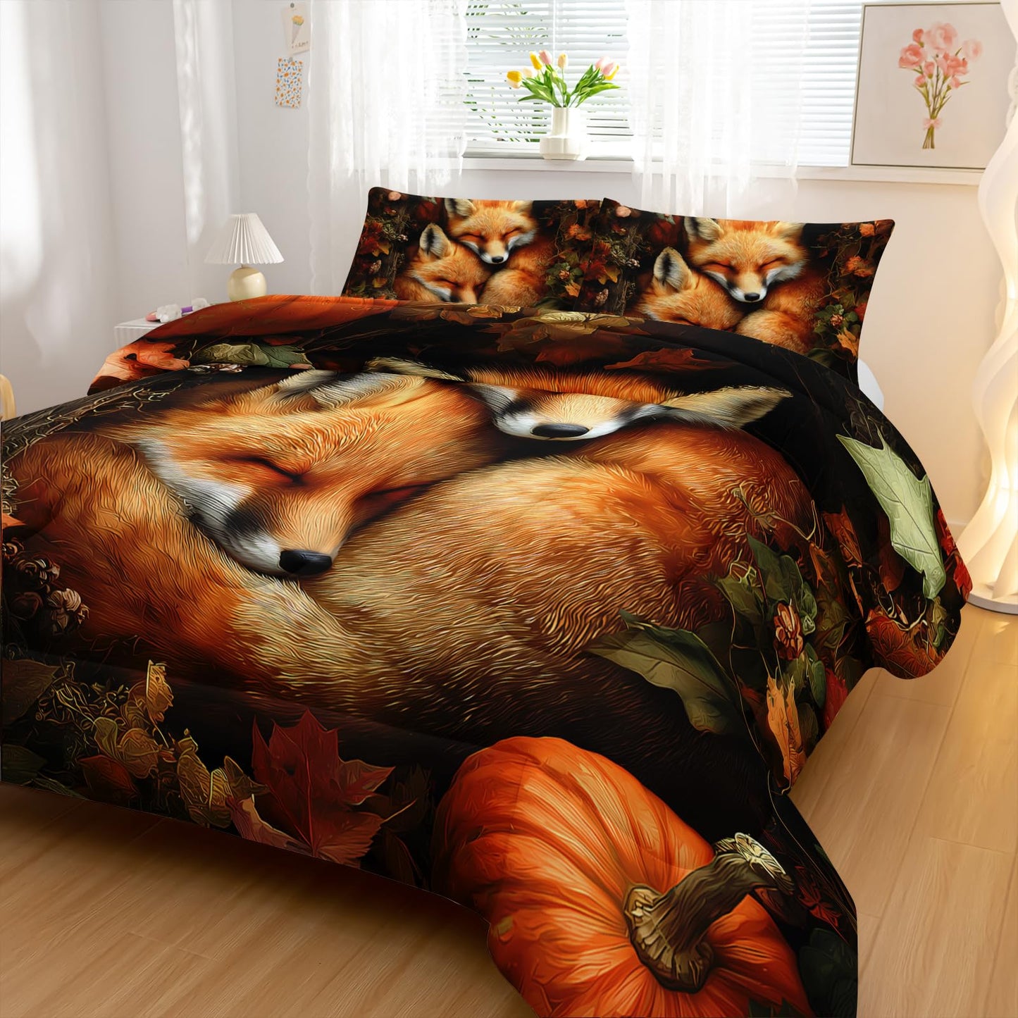 Nttopship Fox Comforter Set 3-Pieces Twin Size,Cute Foxes Bedding Set for Kids Boys Girls Cute Animal Comforter Wildlife Quilt Set 3D Animal Plants Leaves Printed ThemeComforter with 2 Pillowcases