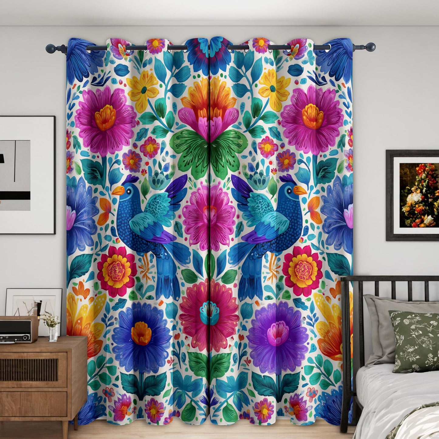 Mexican Floral Bird Bedroom Curtains 39 Inch - Colourful Folk Flower Printed Living Room Curtains, Mexican Floral Bird Home Decor Blackout Window Drapes with Grommet, 2 Panels Set - HL2547