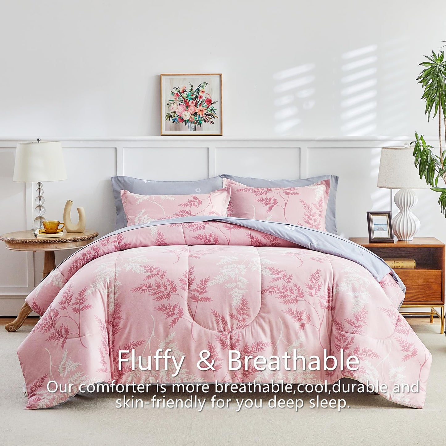 AIKASY Pink Queen Comforter Set with Sheets,Bed in a Bag 7-Pieces,Palm Tree Totem Printing Design,Ultra Soft Down Alternative All Season Bedding Set(Queen, Pink)