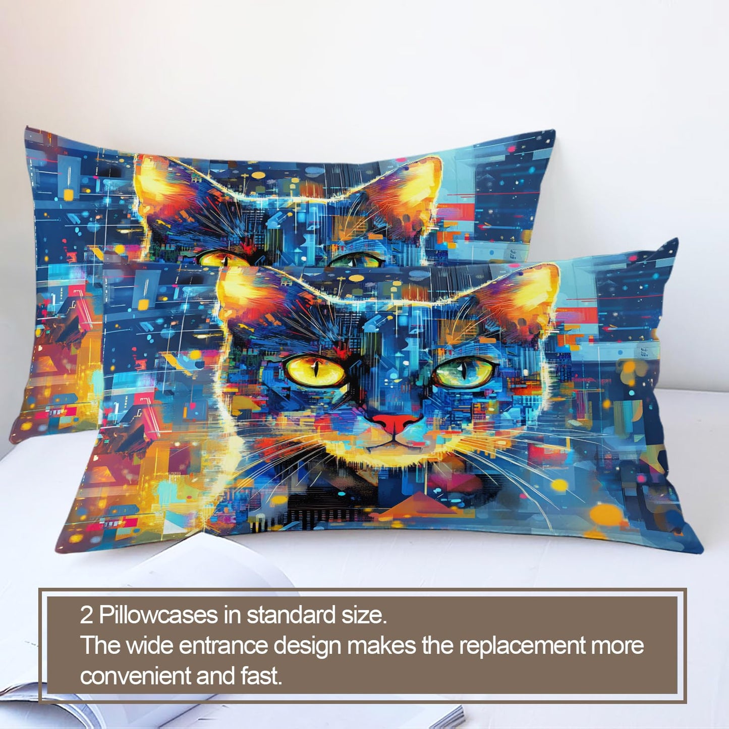 ZAMODE Cat Duvet Cover Queen Size, Mystic Pet Kitten Comforter Cover 90" x 90" & 2 Pillowcases, Sci-Fi Cats Bedding Set with Zipper Ties