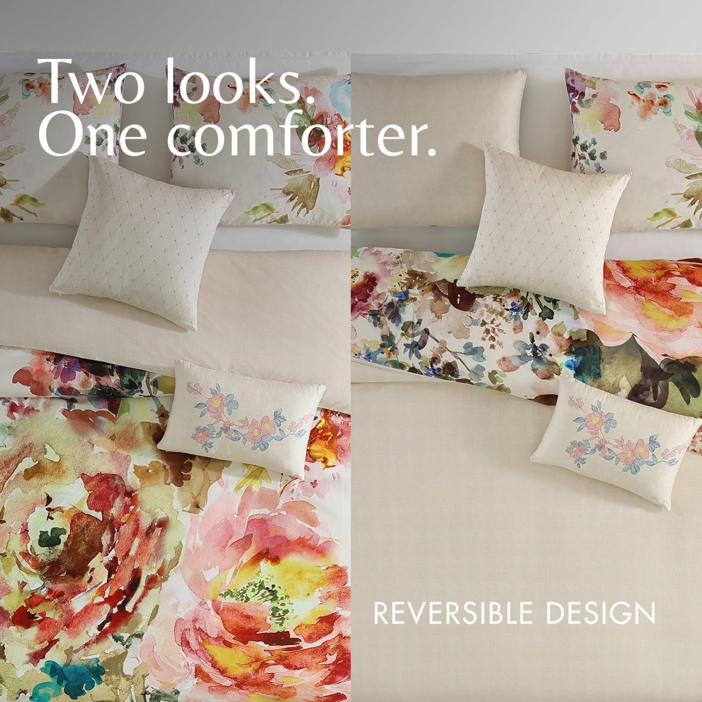 Bebejan Antique Flowers 5 Piece Comforter Set, 100% Cotton Sateen, 200 Thread Count, Ivory Floral Reversible Bedding Comforter Set, 1 Comforter, 2 Shams & 2 Pillows (King/Cal King)