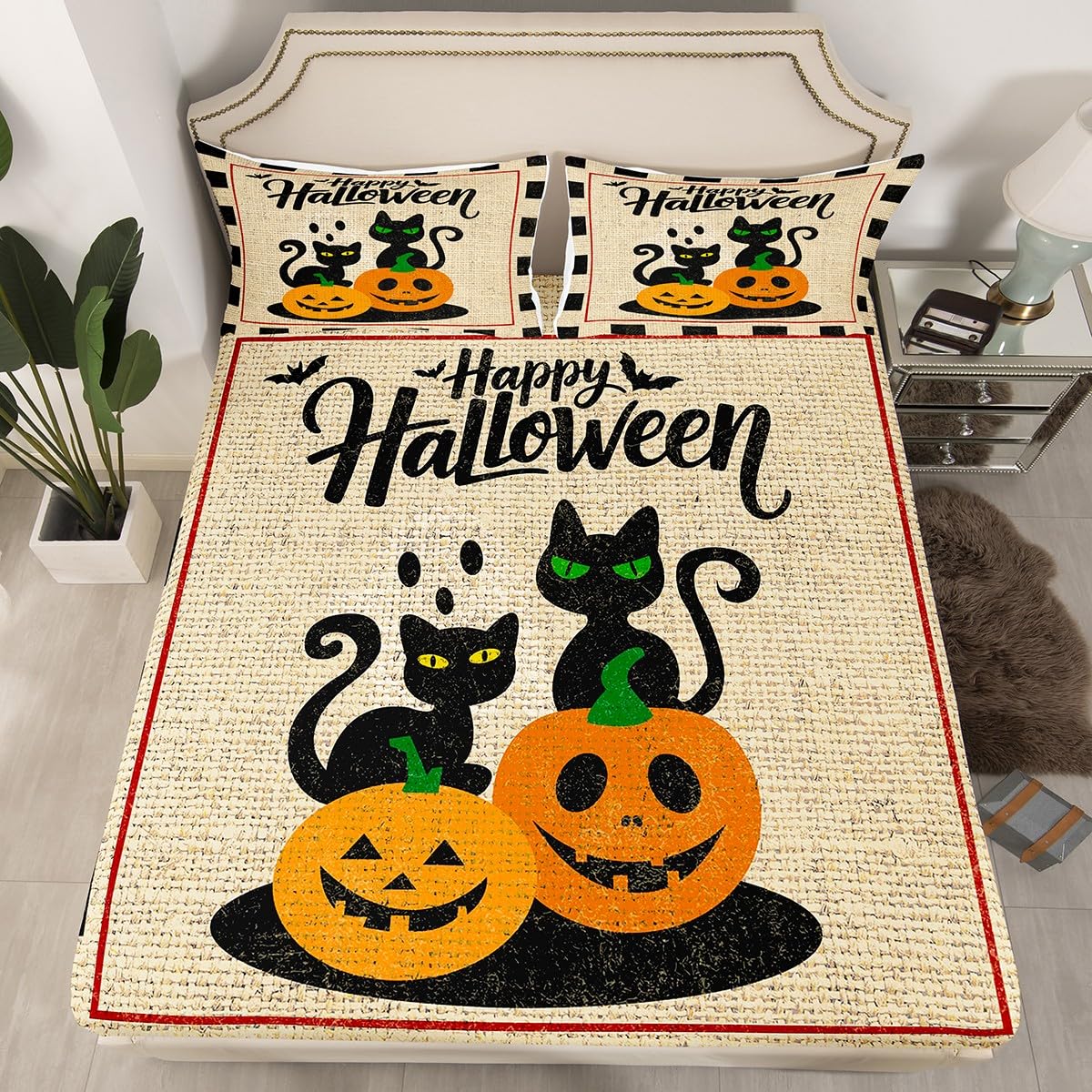 jejeloiu Pumpkin Bed Sheets Set Queen Size Halloween Decor Bed Set Black Cat Deep Pocket Fitted Sheet Spooky Halloween Pattern Breathable Soft Lightweight Microfiber