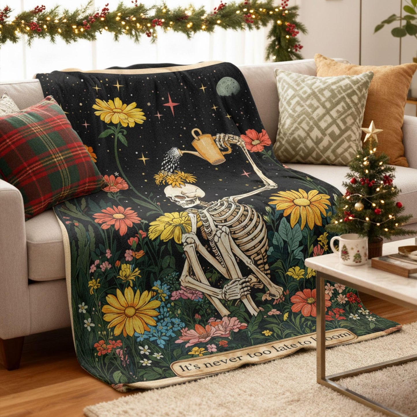 kampdream Life & Hope Flannel Blanket, Skeleton Watering Flowers, Super Soft & Warm Couch Sofa Living Room Optimistic Decor Ideal Gift for Family Friends 50×60 inch