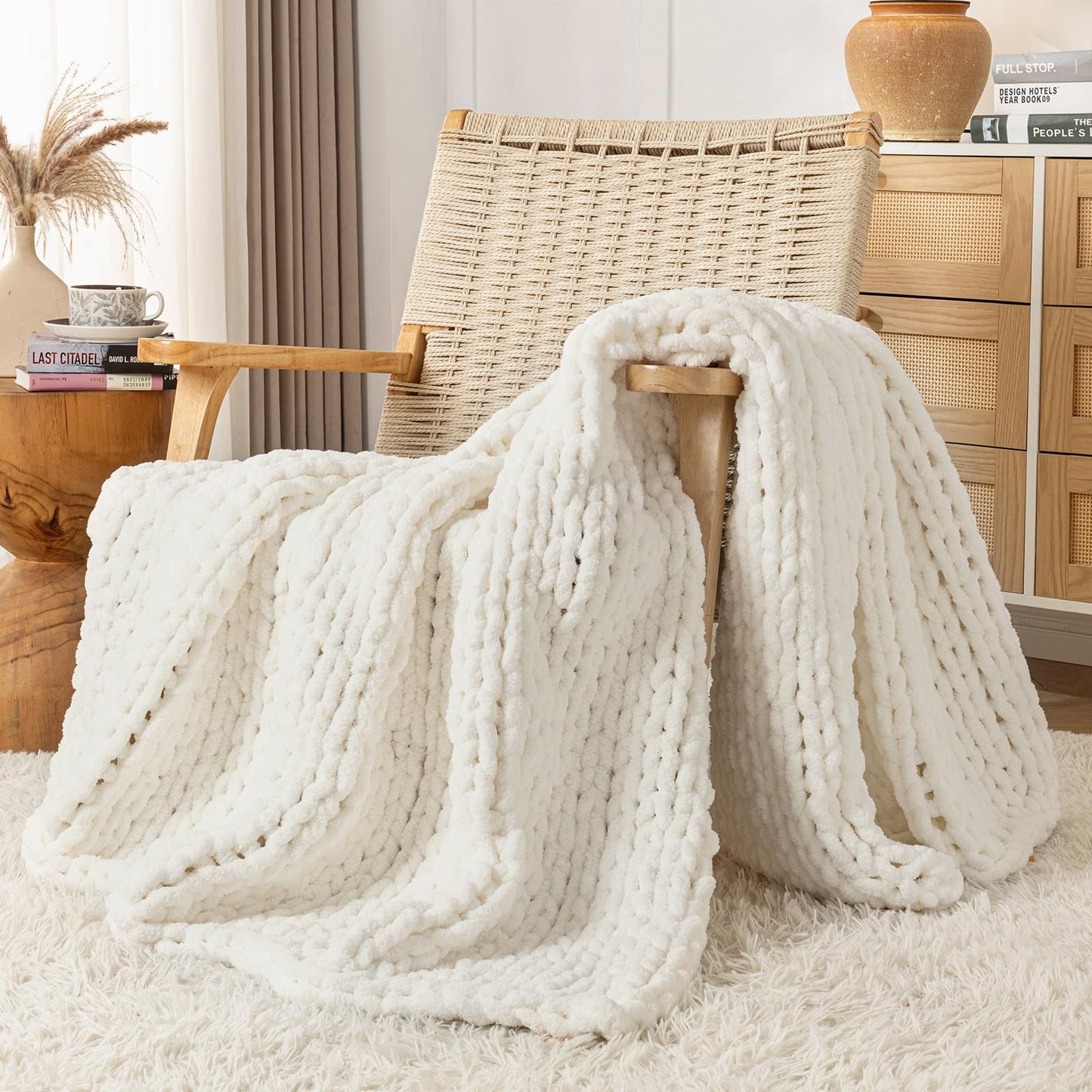 LAST MODA Chunky Knit Blanket Throw, 100% Hand Knit Throw Blanket Handmade Chenille Cable Knit Throw for Couch, Stylish Cozy Soft Rope Knot Crochet Blanket for Home Decor, Ivory, 50x60 Inches