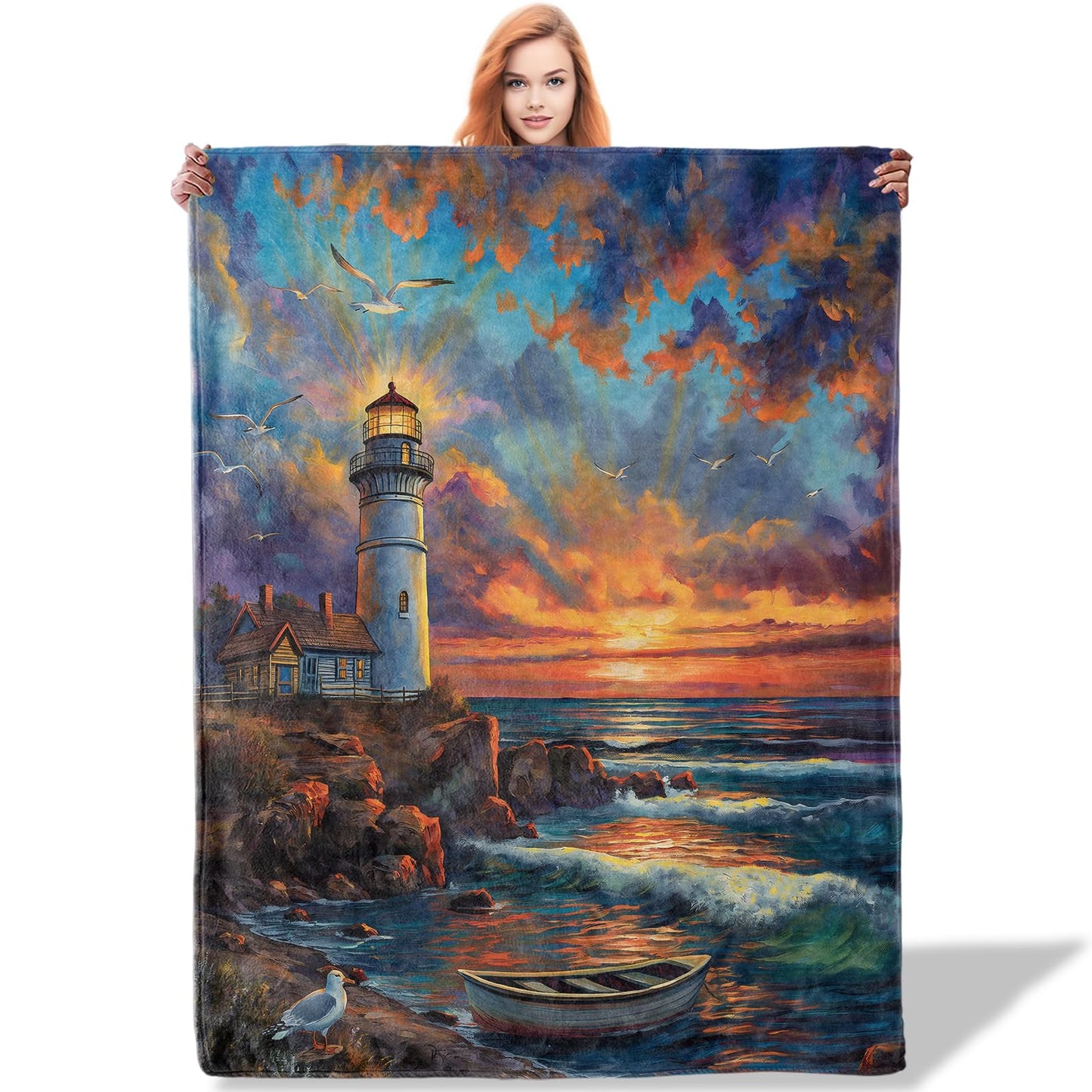 Plistiz Coastal Throw Blanket, 50x60 Inch, Nautical Themed, Sunset Lighthouse Scene with Seagulls, Flannel, Lighthouse Gifts