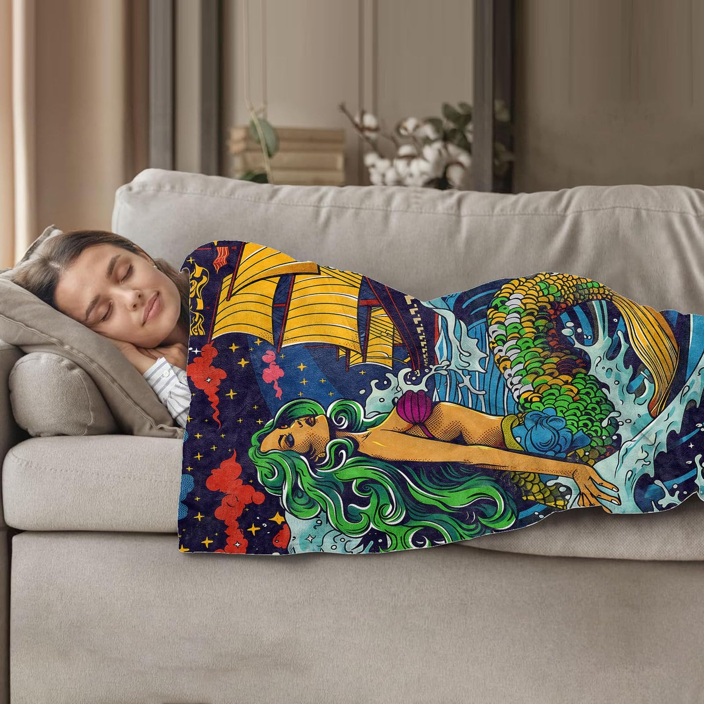 Plistiz Mermaid and Ship Throw Blanket 50x60 Inch, Nautical Blankets for Beach Home Decor, Soft Flannel Polyester Gift for Ocean Lovers