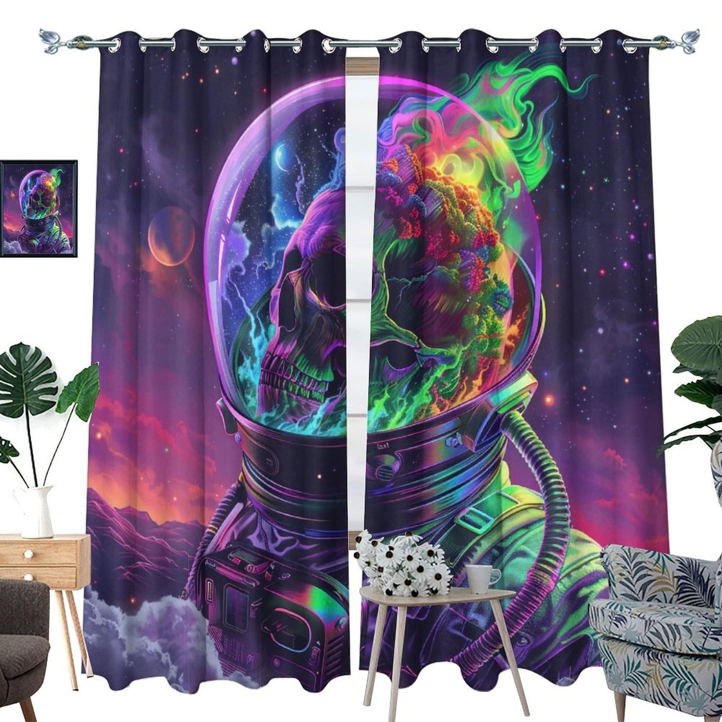 HDESDIS Mystical Horror Skull Blackout Curtains for Bedroom, Gothic Astronaut Skeleton Star Space Grommet Curtains Thermal Insulated Window Drapes for Living Room, 21W x 45L, 2 Panels