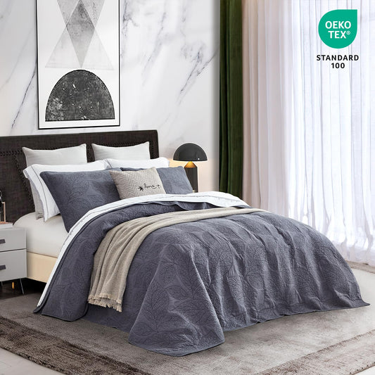 CHIXIN Botanical Cotton Quilt King Size - Leaf Pattern Real Stitching - Quilted Bedspread Coverlet Sets, Ultra Soft, Lightweight, Reversible, 3 Piece, Dark Grey